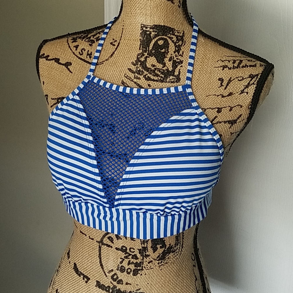 Blue & White Striped Halter Swim Top